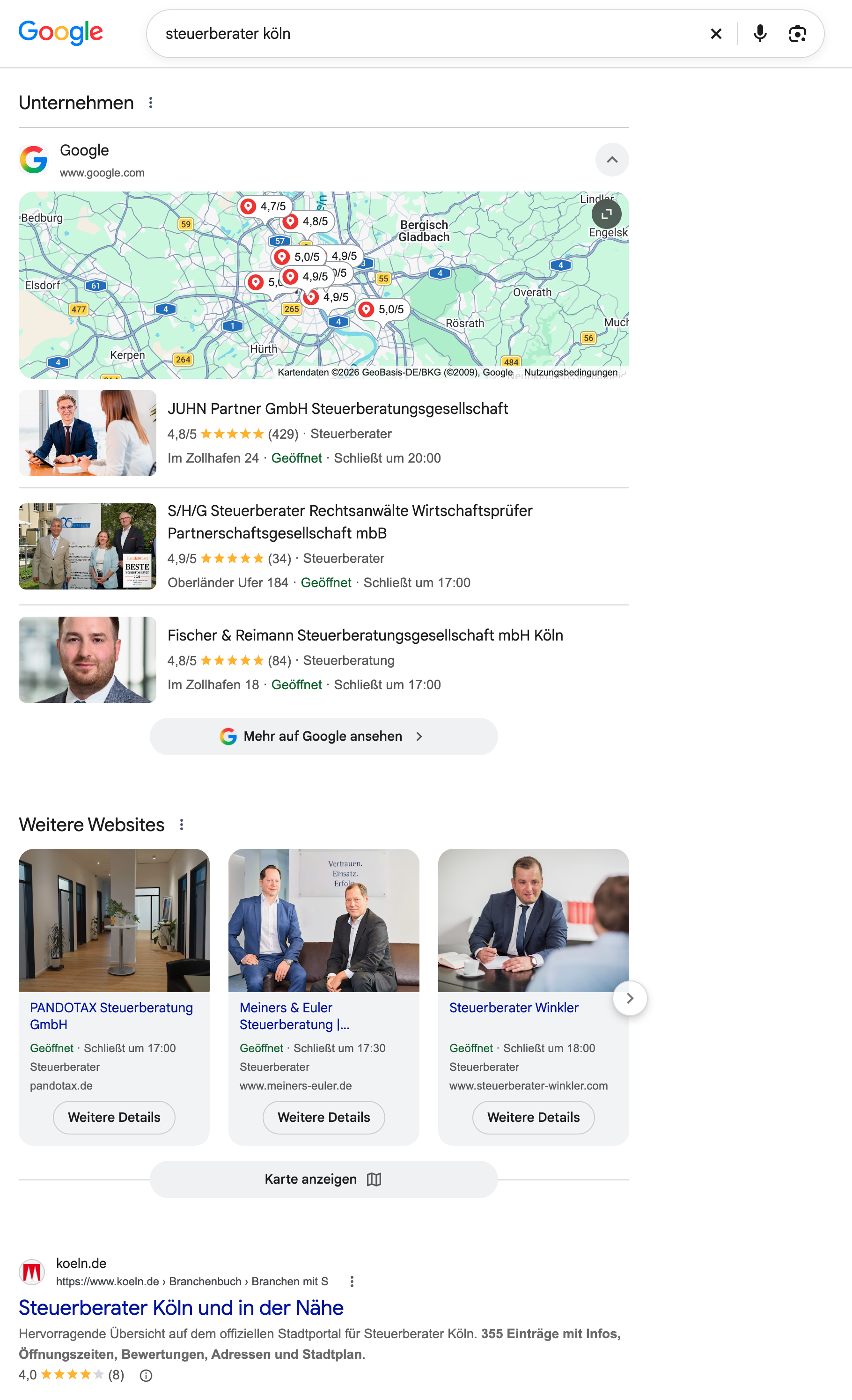 Google-Suchergebnisse für „steuerberater köln“ mit Local Pack oberhalb der organischen Treffer.