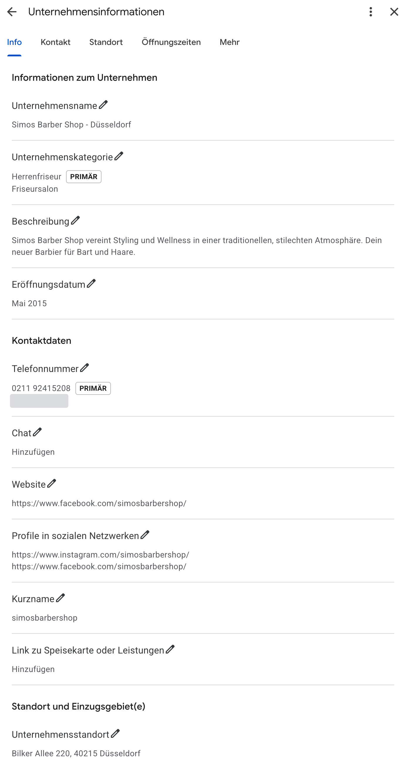 Bearbeitungsansicht eines Google Business Profiles mit Angaben zu Name, Kategorie, Kontakt und Standort.