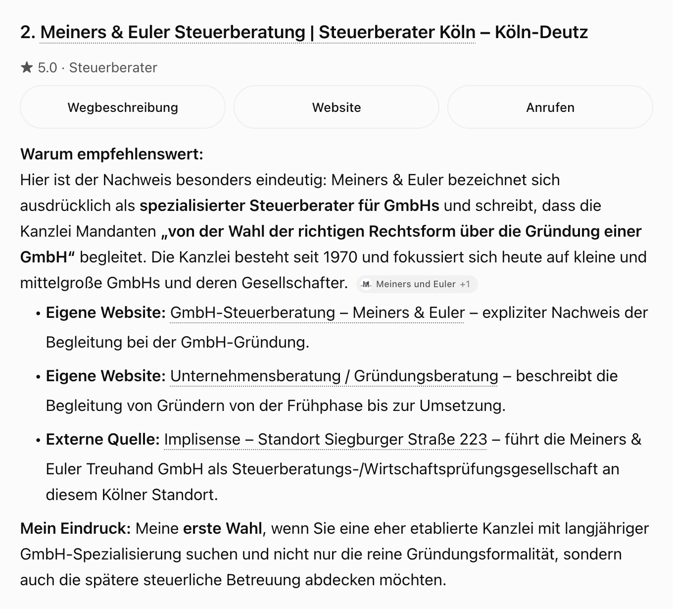 ChatGPT-Antwort auf eine lokale Steuerberater-Anfrage mit sichtbaren Webquellen und Citations.