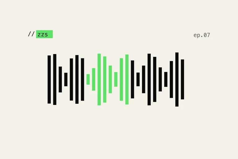 Cover der Folge 7 von Zwischen zwei Stacks: Audio-Waveform in Schwarz und Gruen auf Papierweiss, Markenzeichen // zzs, Meta ep.07