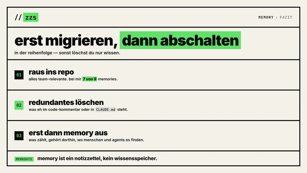 Infografik: Fazit zu Claude Code Memory - erst migrieren, dann abschalten. Team-Relevantes ins Repo, Redundantes loeschen, erst dann Memory aus.