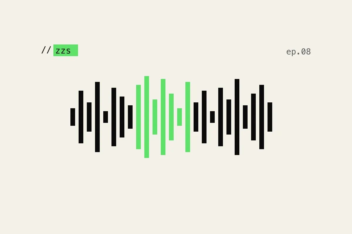 Cover der Folge 8 von Zwischen zwei Stacks: Audio-Waveform in Schwarz und Gruen auf Papierweiss, Markenzeichen // zzs, Meta ep.08