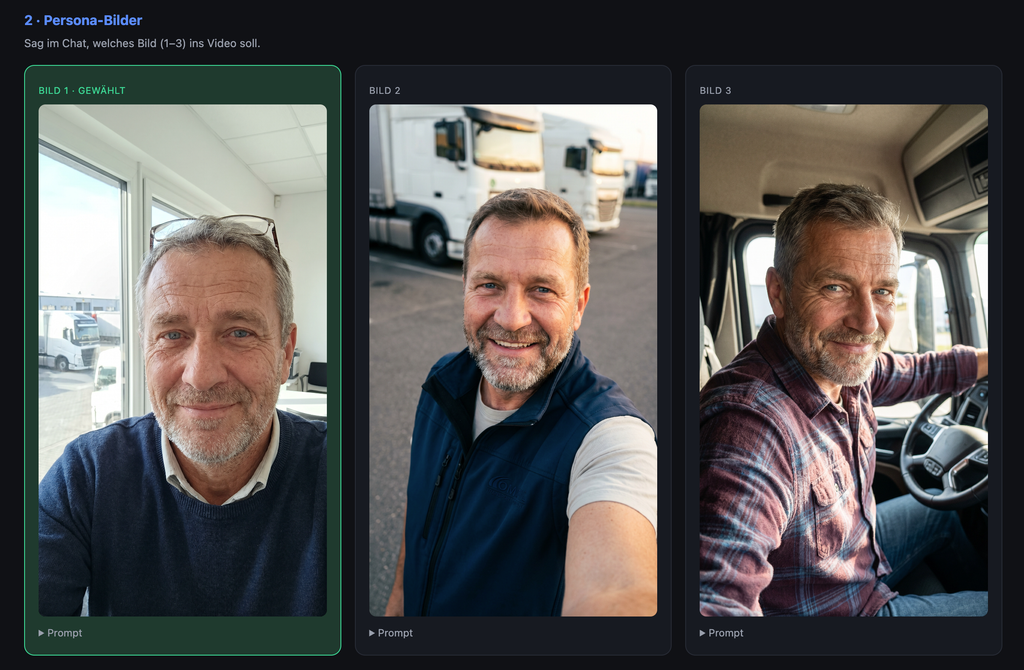 Drei Bilder eines lächelnden mittelalten Mannes mit grauem Haar und Bart, jeweils in einem anderen Kontext: im Büro vor einem Fenster, draußen vor Lastwagen und im Fahrerhaus eines Lastwagens.