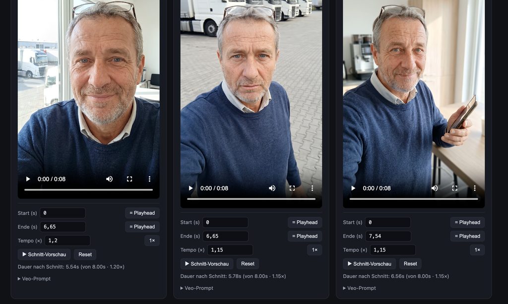 Drei Screenshots eines älteren Mannes mit Brille und blauem Pullover, der in verschiedenen Innen- und Außenbereichen in die Kamera schaut und ein Smartphone hält.