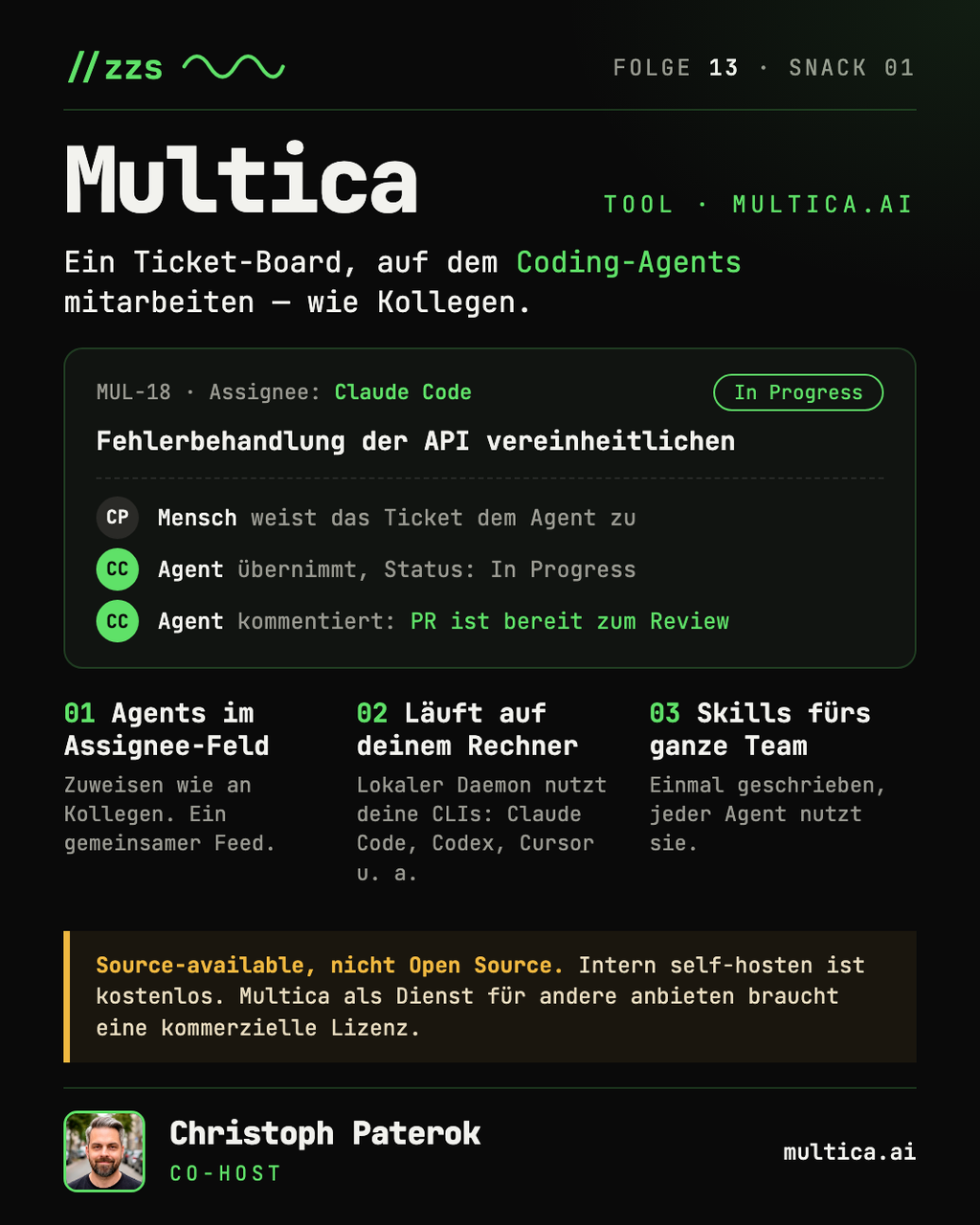 Snack: Multica, ein Ticket-Board, auf dem Coding-Agents wie Kollegen mitarbeiten, source-available statt Open Source