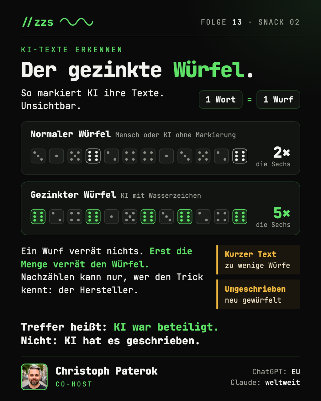 Snack: KI-Texte erkennen mit dem gezinkten Würfel, wie Wasserzeichen in KI-Texten funktionieren