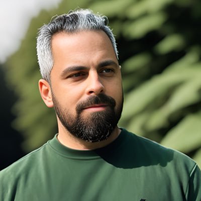 Mann mit grauem Haar und Bart trägt ein grünes Oberteil und steht vor unscharfem, grünem Hintergrund im Freien.