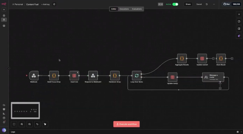 Screenshot einer Workflow-Automatisierungssoftware mit verbundenen Funktionsblöcken wie Webhook, Array-Verarbeitung, Zeilen-Updates und einer Modalmeldung auf schwarzem Hintergrund.