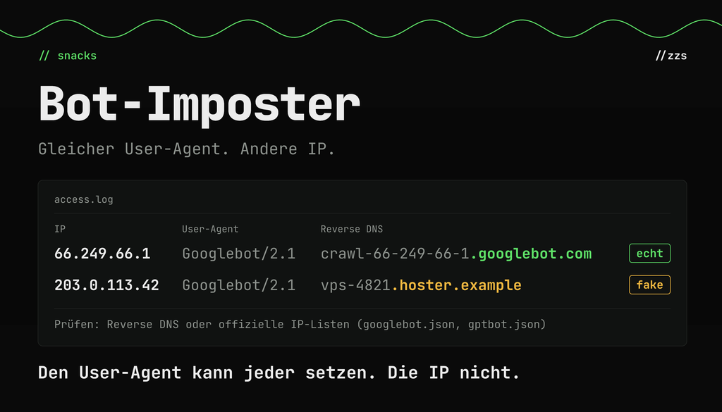 Code-Screenshot eines Bot-Imposter-Tools zur Erkennung gefälschter Googlebot-IPs anhand von User-Agent und Reverse DNS mit farblich markierten echten und falschen Einträgen.