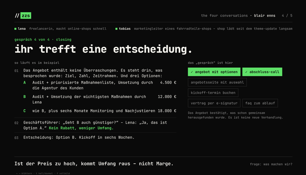 Eine Text-basiertes User Interface zeigt eine Verkaufsgesprächsentscheidung mit Optionen und Dokumentation zu Audit-Maßnahmen, Preis und Geschäftsführeraussagen.