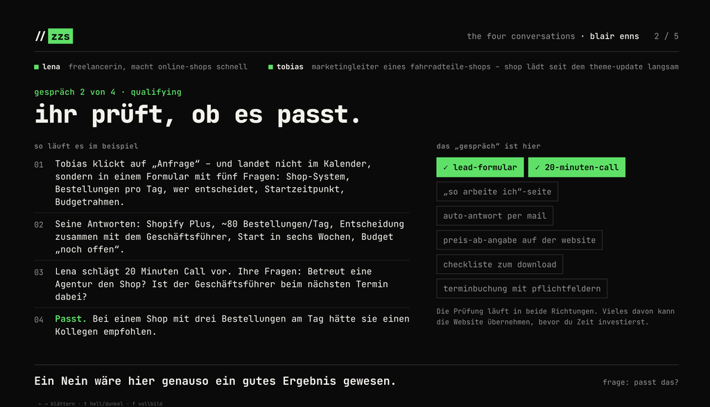 Ansicht einer technischen Benutzeroberfläche mit einer Checkliste und Gesprächsnotizen zum Thema Qualifying bei Online-Shop-Bestellungen.