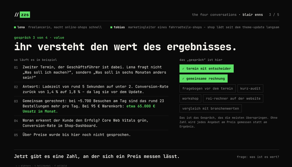 Eine Textbasierte Folie zeigt Notizen und Gesprächspunkte zu einem Marketinggespräch über die Bewertung eines Ergebnisses, mit hervorgehobenen Begriffen und einer Liste von Themen wie Termin mit Entscheider und gemeinsame Rechnung.