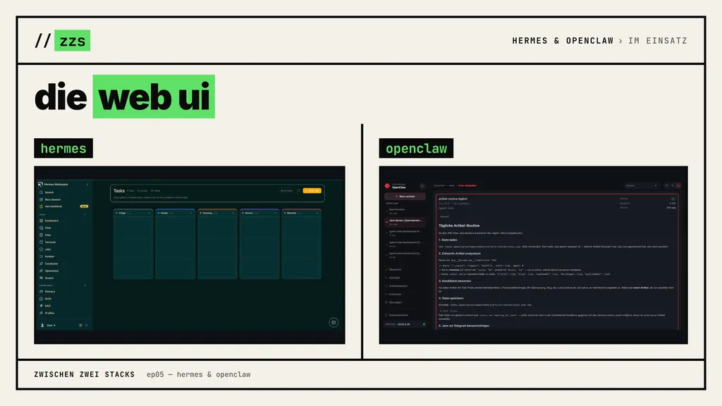 Screenshots der Web-UIs von Hermes (Kanban-Ansicht) und OpenClaw