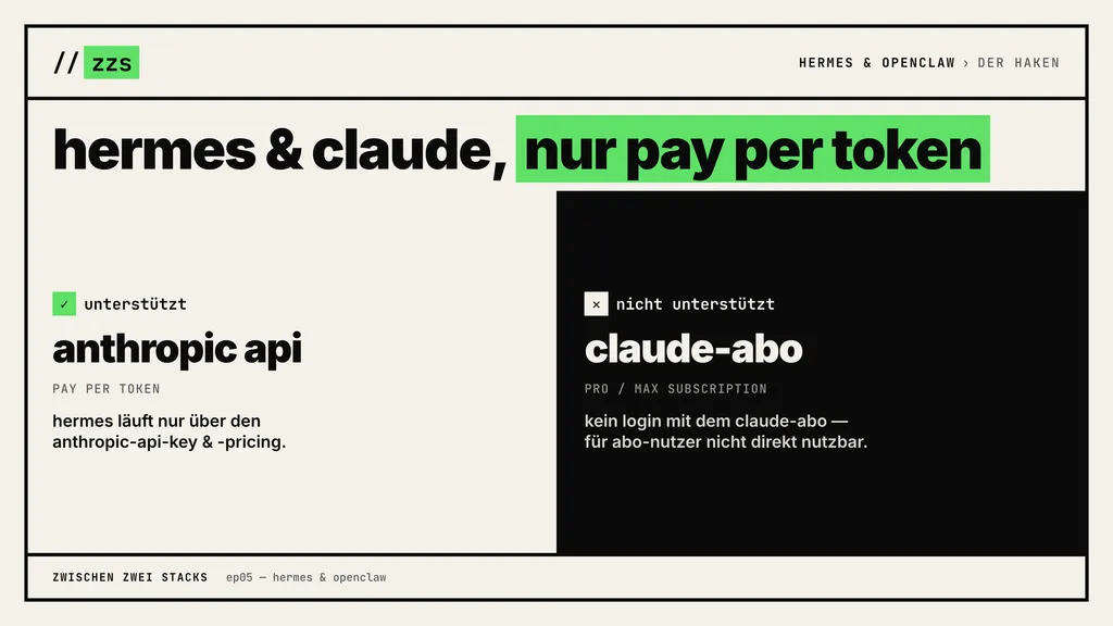 Der Haken bei Hermes: nur Claude/Anthropic-API-Pricing, kein Claude-Abo