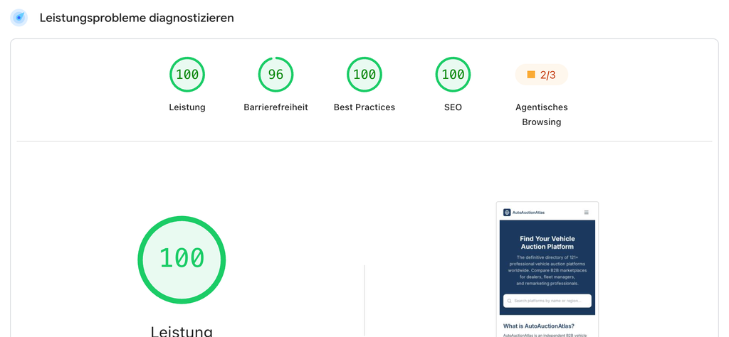 PageSpeed Insights mit der neuen Kategorie Agentisches Browsing, bewertet mit 2 von 3