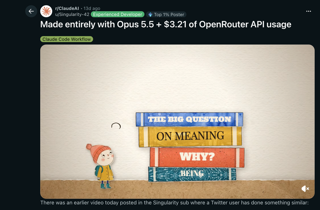 Reddit-Post in r/ClaudeAI: Video komplett mit Opus 5.5 und 3,21 Dollar OpenRouter-Nutzung erstellt