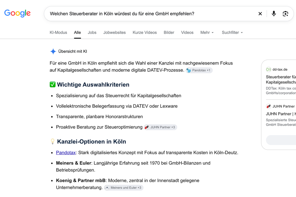 AI-Antwort von Google auf die Frage nach einem Steuerberater in Köln für eine GmbH
