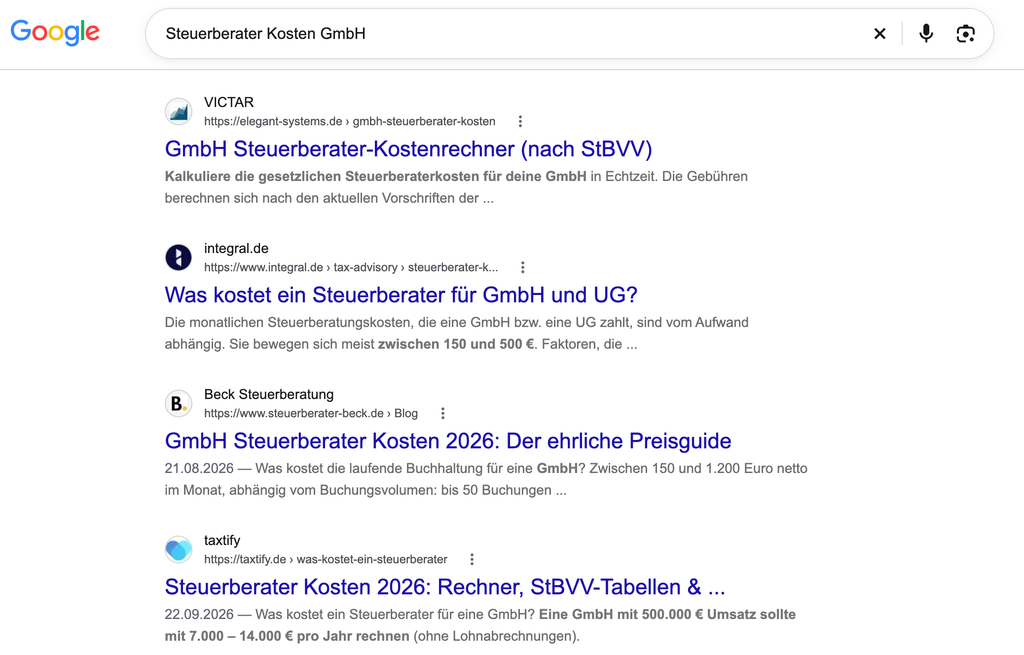 Lokale organische Google-Ergebnisse für Steuerberater Kosten GmbH