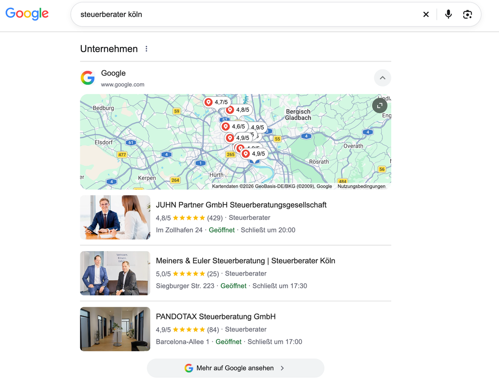 Google-Suche nach Steuerberater Köln mit Karte und den drei Ergebnissen im Local Pack