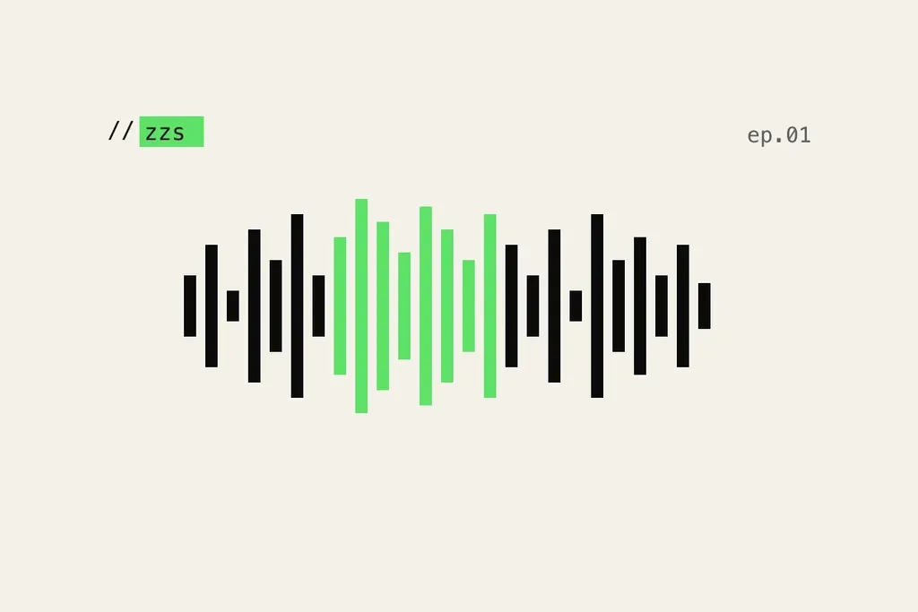 Schallwellen-Grafik mit schwarzen und grünen Balken, oberhalb links der Text 'zzs' und rechts 'ep.01'.