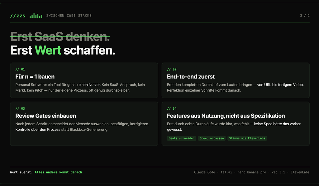 Folieninhalt zur Priorisierung von Wertschaffung in Softwareentwicklung mit definierten Schritten: Nutzeraufbau, End-to-End Prozesslauf, Review-Gates und nutzungsbasierte Features anstatt Spezifikationen.