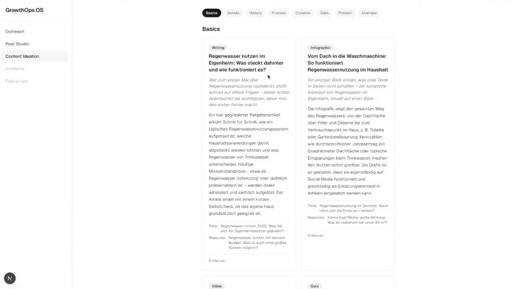 Benutzeroberfläche von GrowthOps OS mit geöffnetem Bereich 'Content Ideation', der mehrere Karten mit Texten zu Themen wie Regenwassernutzung im Eigenheim und Infografiken anzeigt.