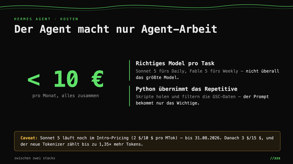 Übersicht der Kosten für Hermes Agent mit weniger als 10 Euro pro Monat, Erläuterungen zu Modellen pro Aufgabe und Nutzung von Python zur Automatisierung repetitive Tasks, auf schwarzem Hintergrund mit grünem und weißem Text.