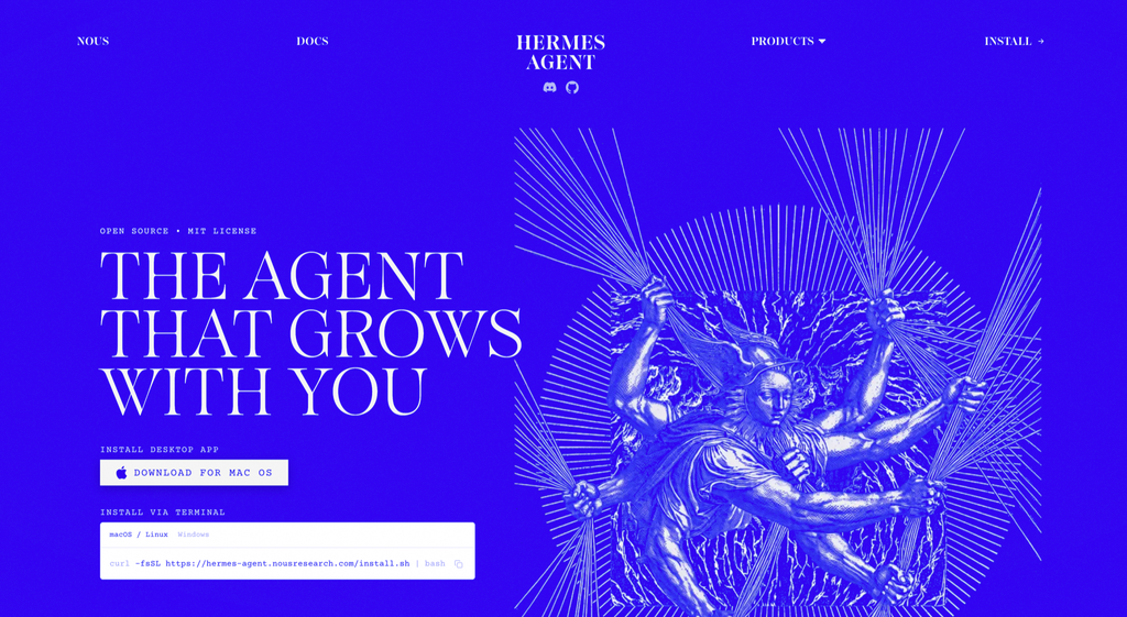 Webseite mit tiefblauem Hintergrund, die Hermes Agent bewirbt, mit Titel 'The agent that grows with you' und mehreren Installationsoptionen für Mac OS, Linux und Windows. Rechts ist eine künstlerische mehrarmige Figur mit Strahlen im Hintergrund zu sehen.
