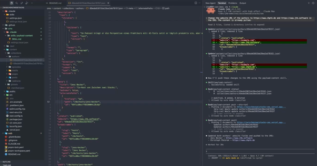 Bildschirmfoto einer Programmierumgebung mit Quellcode und Commit-Protokoll für eine Datei namens README.md, die JSON-Daten und Git-Operationen zeigt.