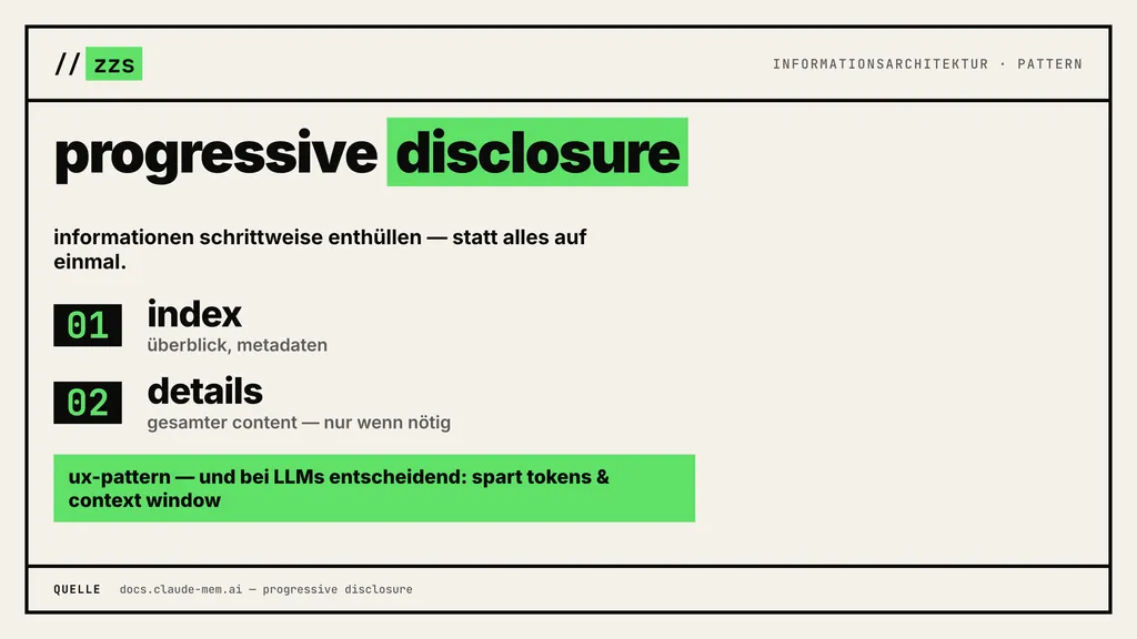 Infografik zum Prinzip Progressive Disclosure: Informationen schrittweise enthuellen statt alles auf einmal, mit den Stufen Index und Details.