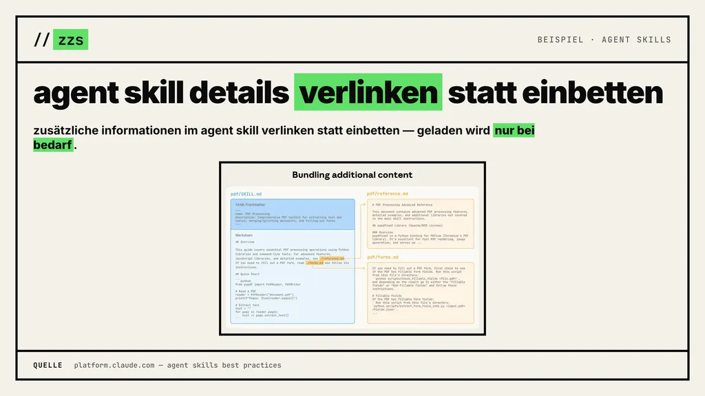 Infografik zu Agent Skills: zusaetzliche Details verlinken statt einbetten, damit das Modell sie nur bei Bedarf laedt.