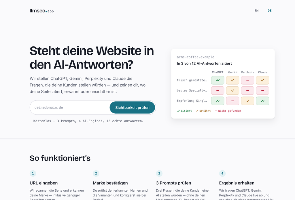 Webseite des llmseo.app-Dienstes, die überprüft, ob eine Website in den Antworten von KI-Modellen wie ChatGPT, Gemini, Perplexity und Claude zitiert wird, mit Eingabefeld für Domainprüfung und Anleitung, wie der Service funktioniert.