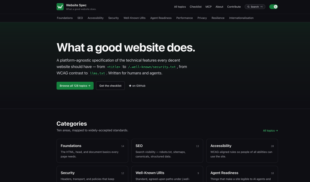 Screenshot der Website specification.website von Joost de Valk, einem Verzeichnis von Web-Standards in zehn Bereichen wie Foundations, SEO, Accessibility, Security und Agent Readiness.