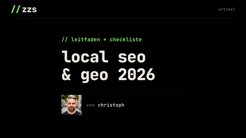 Webseite mit dem Titel 'local seo & geo 2026' geschrieben von christoph auf schwarzem Hintergrund mit grünem und weißem Text.